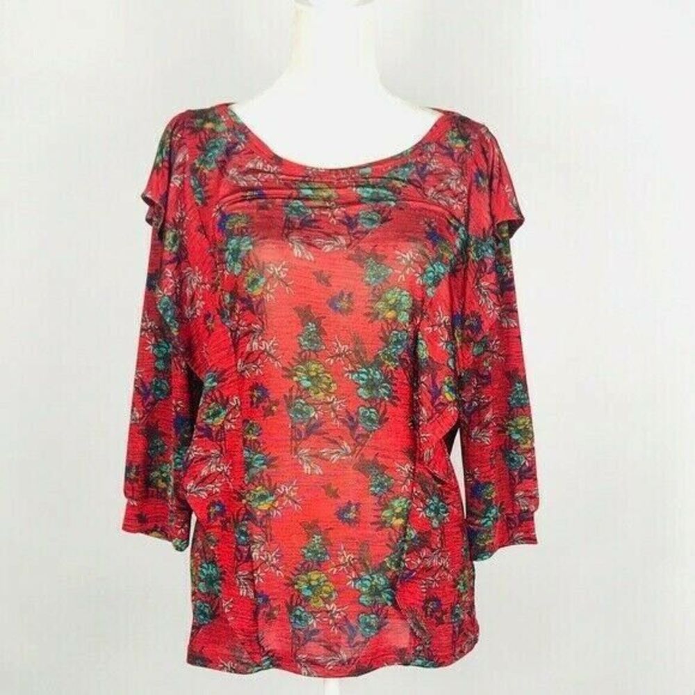 Free People Red Ruffle Top Size M Flower Print Dock Street Stretch‎
